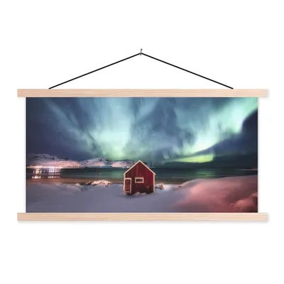 Produktbild von MuchoWow® Textilposter Nordlichter - Himmel - Nacht 120x60 cm mit holzfarbenen Rahmen - Klemmleiste