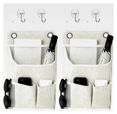Produktbild von 2 Stück Hängeorganizer, Hohe Kapazität Hängeaufbewahrung mit 4 Haken, Faltbarer Leinen Wand Organizer für Zuhause, Büro und Bad, Beige