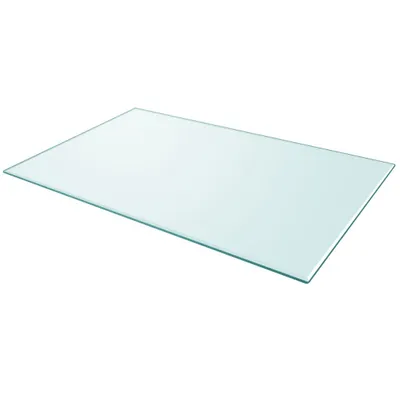 A rectangular glass shelf displayed diagonally on a white background.