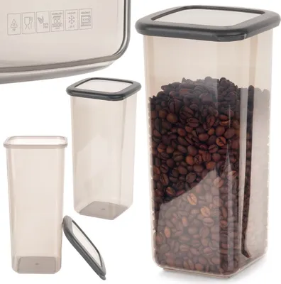 A collection of transparent food storage containers with gray lids, one filled with coffee beans.