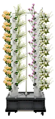 Produktbild von Hydrokultur Tower für 56 Pflanzen, 164 cm, vertikaler Garten mit Pumpe und Timer, 4 Rollen mit 2 Bremsen, automatisches Bewässerungssystem für Balkon und Innenräume, graue Basis, weiße Säulen