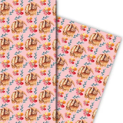 Produktbild von Süßes Oster Geschenkpapier mit puscheligem Osterhasen und Blumen, rosa - G8078, 32 x 48cm