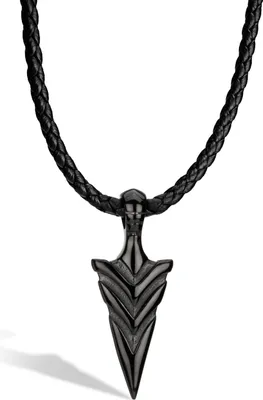 A black leather necklace with a black arrowhead pendant.