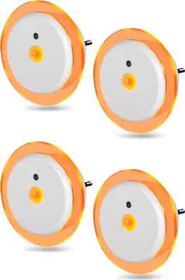 Four round LED night lights with orange trim and a central amber light.