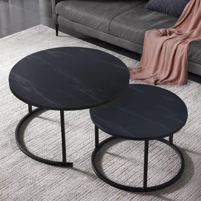 Produktbild von KAHOO Couchtisch Runder Kaffeetisch, 2tlg. mit Marmormuster, 70x45cm+50x40cm, Schwarz