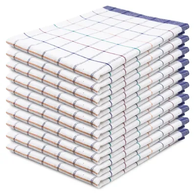 A stack of folded kitchen towels with a checkered pattern.