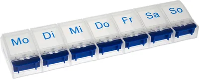 Produktbild von VANLO Wochenpillendose mit 7 Fächern und Öffner in Blau/Weiß