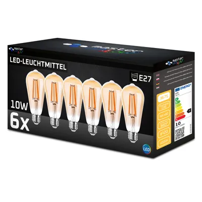 A box of six MasterLED E27 ST64 Filament LED bulbs.