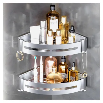 Produktbild von Duschablage ohne Bohren, Eckregal, 2 Stück, Silber, Aluminium, Badezimmer Organizer mit 4 Haken für Badezimmer und Küche