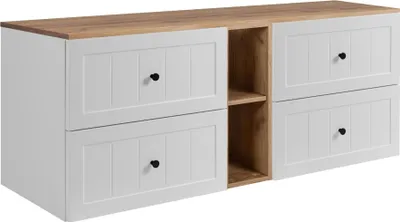 A white and brown cabinet with drawers and an open shelf.