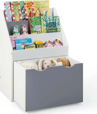 Immagine prodotto di Scaffale per bambini - Scaffale per libri con contenitore per giocattoli - 3 ripiani - Contenitore con rotelle - Per camerette/asili - Grigio