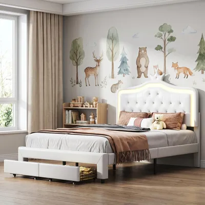 Produktbild von INONEFT Kinderbett 140x200 cm mit LED, Doppelbett mit Lattenrost & 2 Schublade, Prinzessinnenbett mit verstellbarem Kopfteil, PU, ohne Matratze, Weiß