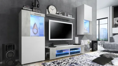 Produktbild von Vladon Wohnwand Movie, Anbauwand bestehend aus 1 TV-Board, 2 Vitrinen und 1 Regal, Weiß matt/Weiß matt/Beton Oxid-Optik, inkl. LED Beleuchtung blau (Gesamt: 300 x 190 x 39 cm)