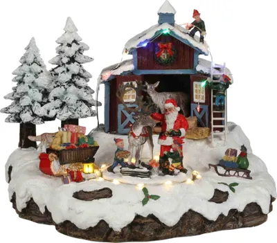 Productafbeelding van Luville Kerstdorp Miniatuur Santa's Dorp met Kerstman, Elfjes en Rendier - Kerstversiering met Roterend Plateau en Verlichting - Kerst Deco Tafereel met Adapter - L23,5 x B21 x H20 cm - Meerkleurig