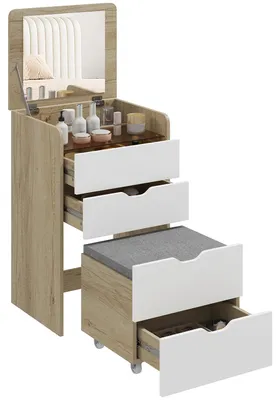Immagine prodotto di HOMCOM Toeletta 3 in 1 con Specchio Ribaltabile, Sgabello e Cassetti, Rovere e Bianco
