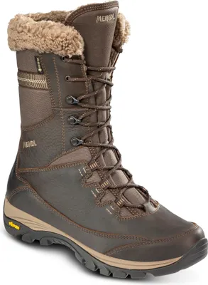 A single brown winter boot shown from a three-quarter angle against a white background.