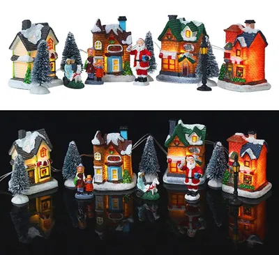 Zdjęcie produktu dla Zestaw „Świąteczna wioska”, sceneria z żywicy, miniaturowe domki z oświetleniem LED, prezent miejski