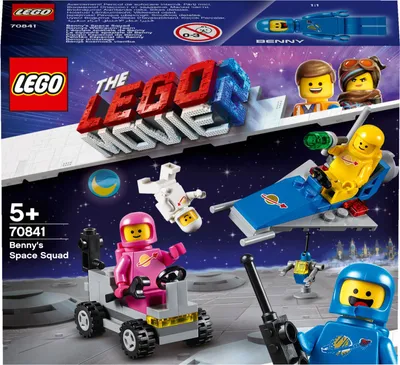 The LEGO Movie 2 Benny's Space Squad set packaging, showing minifigures and vehicles on a moon-like surface with a starry background.
