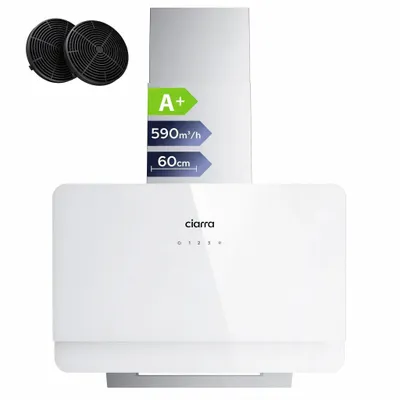 Immagine prodotto di CIARRA Cappa aspirante a parete, 60 cm, Classe energetica A+, portata 590 m³/h, comandi touch, sistema di aspirazione e ricircolo, vetro, modello VM6765CS