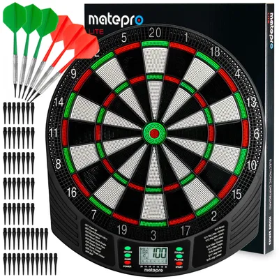 Zdjęcie produktu dla Tarcza dart elektroniczna bezprzewodowa Matepro Lite, zestaw na baterie, wyświetlacz LCD, cicha 1-8 graczy + rzutki lotki 6szt. i 24 groty soft tips