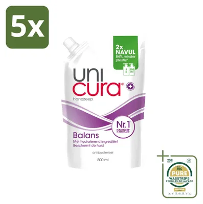 Immagine prodotto di 5 flaconi di sapone liquido antibatterico per le mani Unicura Balans, da 500 ml ciascuno, confezione risparmio - 5 pezzi