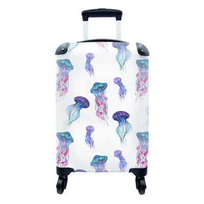 Produktbild von MuchoWow® Koffer Handgepäck Trolley Rollkoffer Kleine Reisekoffer mit 4 Rollen - Illustration von farbigen Quallen auf weißem Hintergrund - Cabin Size < 55x40x23 cm & 55x40x20 cm - Fotokoffer - Kabinenkoffer - Boardgepäck - Reise-Box - Reisekoffer - Reisegepäck - Koffer mit Bild - Trolley für Kinder
