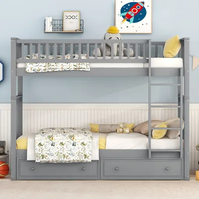 Immagine prodotto di letto a castello okwish 90x200cm letti a castello, letti per bambini, letti funzionali, letto a castello con 2 cassetti, grigio