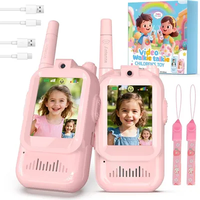 Produktbild von Video Walkie Talkie Kinder,2er Set Walky Talky Kinder Aufladbar Weihnachten Geschenk Spielzeug 3-12 Jahren Junge und Maedchen,5km Walki Talki fuer Abenteuer im Freien (Rosa)