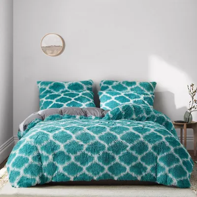 Productafbeelding van Winterse pluche beddengoed set, 4-delig, 135x200 cm, turquoise groen, ruitpatroon, zacht en warm, met rits. Inclusief 2 kussenslopen van 80x80 cm