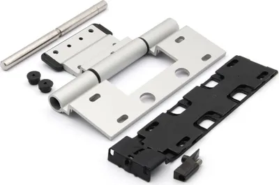 A disassembled hinge and its components are laid out on a white background.