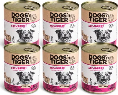 Produktbild von Dogs’n Tiger Adult Premium Hundefutter, Abendbrot, Nassfutter, Getreidefrei, Lamm, Pastinake & Gesund-Kräuterpaket, 6x800g