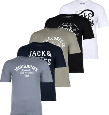 Produktbild von JACK&JONES Herren T-Shirt, 5er Pack - JJLEOGRA TEE CREW NECK, Kurzarm, Rundhals, Baumwolle, Logo-Print Schwarz/Weiß/Blau/Grün M