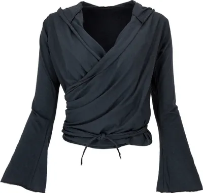 Produktbild von Wickelshirt, Yogashirt, Langarmshirt mit Trompetenärmeln - Schwarz, Damen, Baumwolle,Elasthan, Größe: S