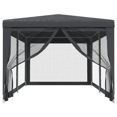 A dark grey gazebo with mesh side walls, shown from the front.