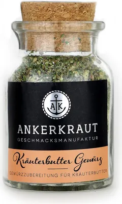 Produktbild von Ankerkraut Kräuterbutter Gewürz, Pulverförmige Gewürze, Green paprika granules, Basilikum, Dill, Fried onion, Knoblauch, Majoran, Oregano, Petersilie,..., Konservierungsmittel, 65 g, Glaskanne, 1 Stück(e)