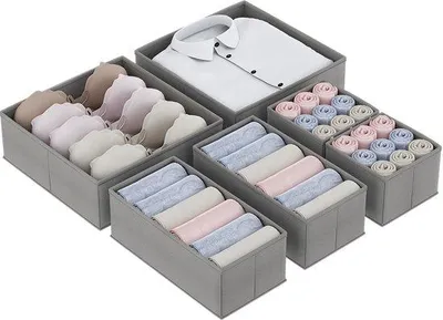 Obrázok produktu pre Unyqoos® Súprava 6 organizérov do zásuviek, skladacie úložné boxy, sivé, rozmery: 2×28×28×10 cm / 2×28×14×10 cm / 2×14×14×10 cm – vhodné na ponožky a spodné prádlo