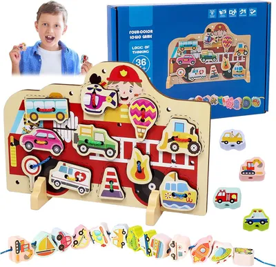 Productafbeelding van Fädelspeel, Montessori speelgoed voor kinderen vanaf 2, 3, 4 en 5 jaar. Bevat 25 kralen in verschillende automotieven. Educatief houten stapelspel, bevordert