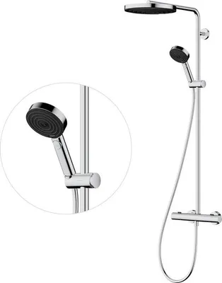 Productafbeelding van Waterbesparend douchesysteem - thermostatische douchekop - handdouche - douchekraan - douchebuis - douchestang - hoofddouchekop, rond, chroom, zonder kraan