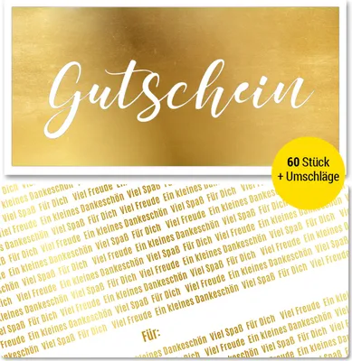 Produktbild von Frank Paperman | 60+60 Geschenk Gutschein blanko mit Umschlag für Kunden mit funkelnder Goldprägung | Gutscheine zum selber Ausfüllen | DIN lang