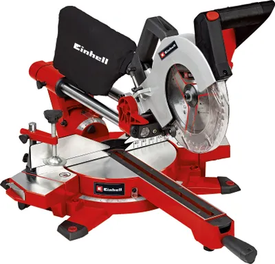 A red and silver Einhell miter saw is shown against a white background.