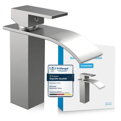 Produktbild von Badarmatur Tamina - Edelstahl gebürstet | Wasserfall Badarmatur im klassischen Design - Wasserhahn für Bad-Aufsatz-Waschbecken