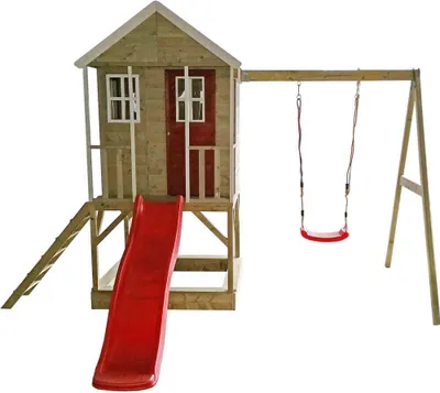 Produktbild von Wendi Toys Holz Stelzenhaus Alpaka mit roter Rutsche, Schaukel und Sandkasten Natur 290x350x242 cm
