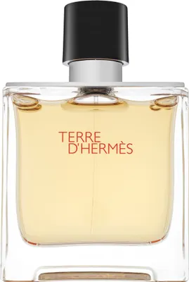 A clear, front-facing studio shot of a bottle of Terre D'Hermes perfume.