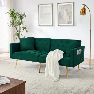 Produktbild von MODFU Moderner Sammet-Zweiersofa, 3-stufige verstellbare Rückenlehne,Relaxsofa mit 2 beigelegte Kissen,Schlafsofa,stabile Metallbeine,Grün