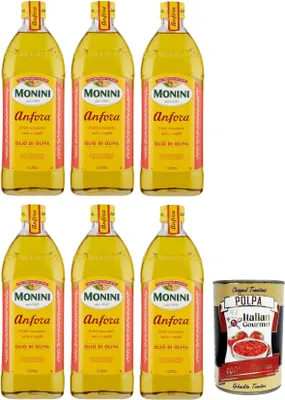 Produktbild von 6x Monini Anfora Olio Di Oliva,Olivenöl,Ideal für knusprig frittierte Speisen, Soßen und Bratensoßen,Glas 1Lt + Italian Gourmet Polpa di Pomodoro 400g Dose