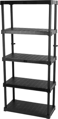A black plastic shelving unit with five shelves against a white background.