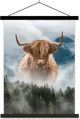 Produktbild von MuchoWow® Textilposter Schottisches Hochlandrind - Nebel - Wald 90x120 cm mit schwarzem Rahmen - Dekoration