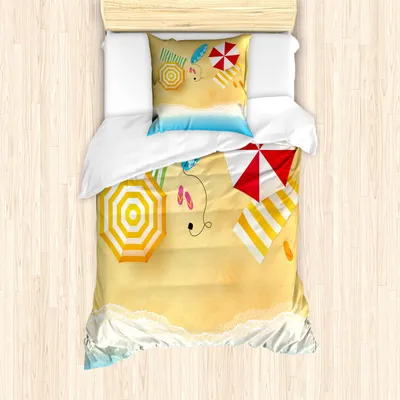 Produktbild von ABAKUHAUS Strand Bettbezug Set, Strand Wellen mit Regenschirm Handtücher und Surfen Board Themed Summer Season, 135 x 200 cm + 80 x 80 cm, Mehrfarbig