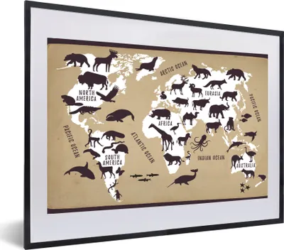 Produktbild von MuchoWow® MuchoWow® Gerahmtes Poster Weltkarte - Tiere - Braun 60x40 cm - Poster mit zchwarzem Bilderrahmen - Schlafzimmer - Plakat in Rahmen - Drucken