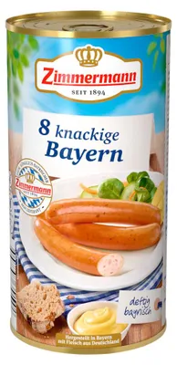 Zdjęcie produktu dla Zimmermann chrupiące kiełbaski z szynki bawarskiej 8 sztuk ATG 250g puszka 550g